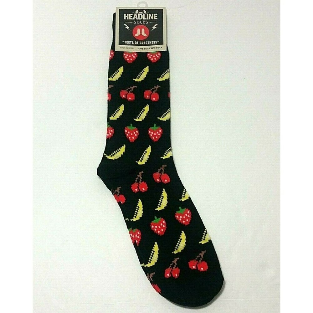 Headline Socks black with bananas cherries strawberries cotton blend one size